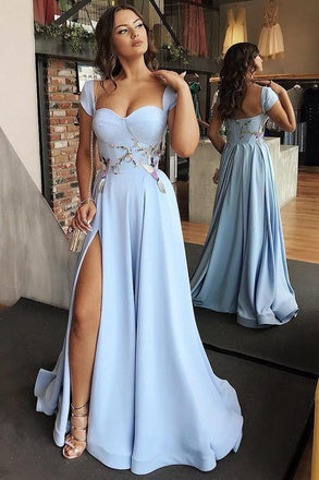 A-Line Cap Sleeves Floor-Length Light Blue Prom Dress with Appliques Split INI97