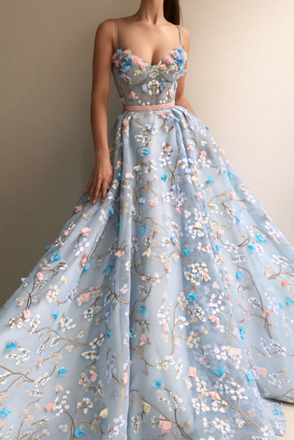 A-Line Lace Spaghetti Straps Long Light Blue Prom Dress INE42