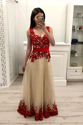 A Line Tulle Long Prom Dress With Red Appliques,Junior Party Prom Dresses INI15