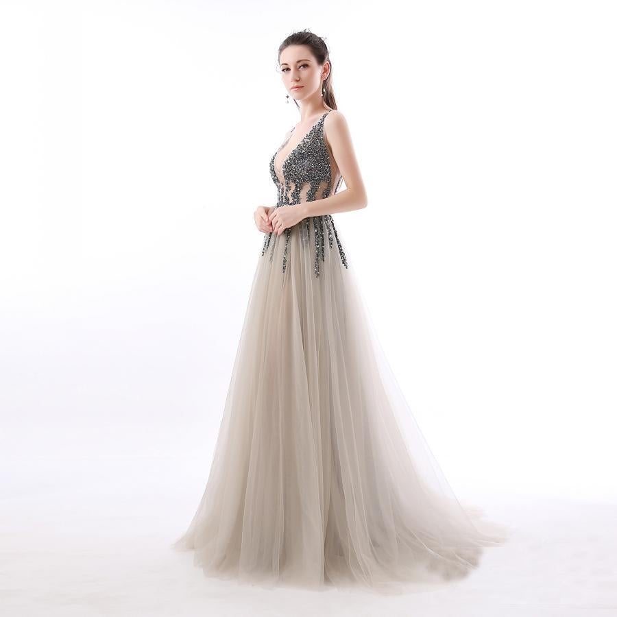 Sexy A Line Sequin Tulle Long V Neck Backless Formal Prom Dresses INC1