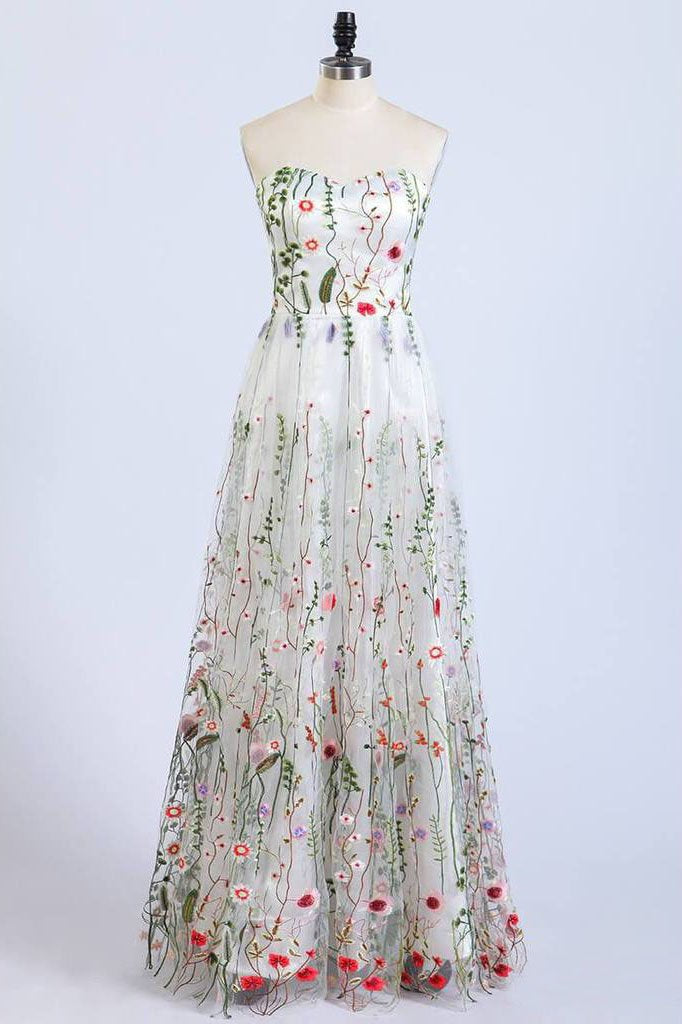 Gorgeous Strapless Formal Prom Dresses Elegant Lace Long Prom Dress INL44