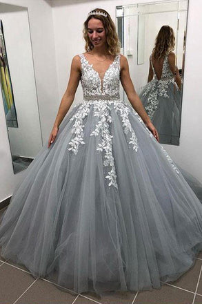 Gray V Neck Long Prom Dress for Teens, Puffy Appliqued Ball Gown with Beading INH75