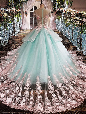 Princess Ball Gown Flower Appliques Prom Dress,Quinceanera Dresses INE65