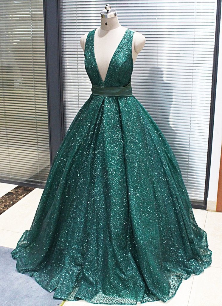 Shinny Green Sequined Ball Gown Cheap Prom Dress, Quinceanera Dresses INH73