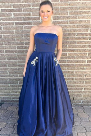 Simple A-Line Strapless Floor-Length Dark Blue Prom Dress with Pockets Beading INI98