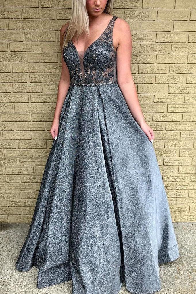 Grey Floor Length Deep V Neck Beaded Prom Dresses With Lace Appliques INO94