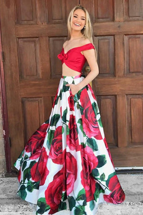 Two Piece Off-the-Shoulder Floor-Length Red Floral Prom Dress with Pockets INI96