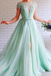 A-line Mint Green Long Cheap Prom Dress Beading Tulle Evening Dress INS99