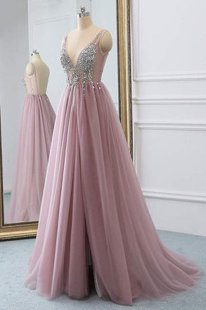 Dusty Pink A Line Tulle Prom Dress, V Neck Long Graduation Dress with Rhinestone INJ48