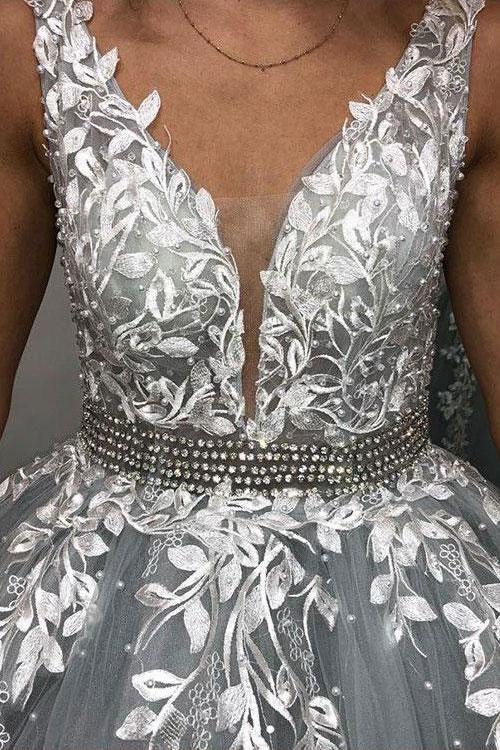 Gray V Neck Long Prom Dress for Teens, Puffy Appliqued Ball Gown with Beading INH75