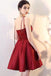 Burgundy V Neck A Line Satin Straps Short Homecoming Dresses INC30