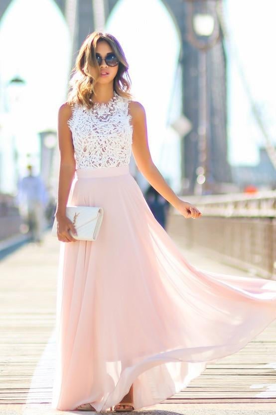 Modest Chiffon A Line Long Prom Dresses,Blush Pink White Lace Evening Dresses IN156