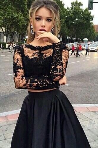 Two Piece Black A Line Lace Top Long Sleeves Formal Prom Dress IN729