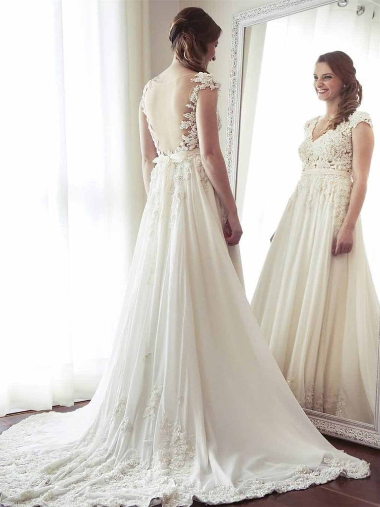 A-Line V-Neck Lace Appliqued Cap Sleeves Ivory Long Wedding Dresses INC72