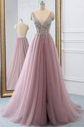 Dusty Pink A Line Tulle Prom Dress, V Neck Long Graduation Dress with Rhinestone INJ48