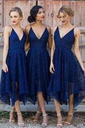 Navy Blue/Pink Deep V-neck Spaghetti Straps Sleeveless Asymmetry Lace A-line Bridesmaid Dress IN236