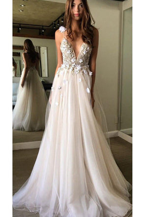 Floral Open Back Deep V-neck Straps Tulle Appliques Prom Dress,, Floral Princess Wedding Dress IN180