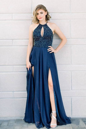 Halter Beaded Navy Blue Long Prom Dresses with Slit Elegant Formal Party Dress IN7