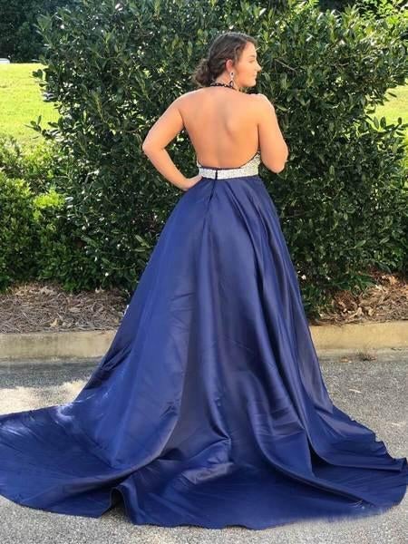 Halter Navy Blue Long Prom Dresses Beaded Backless Evening Dresses INI25
