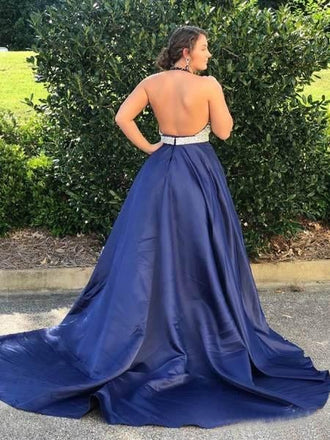 Halter Navy Blue Long Prom Dresses Beaded Backless Evening Dresses INI25