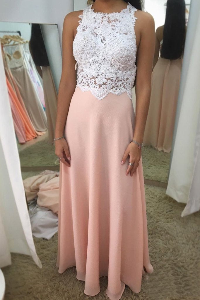 Halter Neck Beadings Blush Appliques Beaded Chiffon Prom Dress INS84