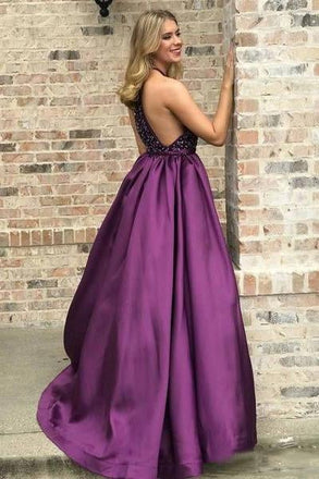 Halter Purple Long Satin Prom Dresses Beaded Junior Evening Gown 2019 INI6