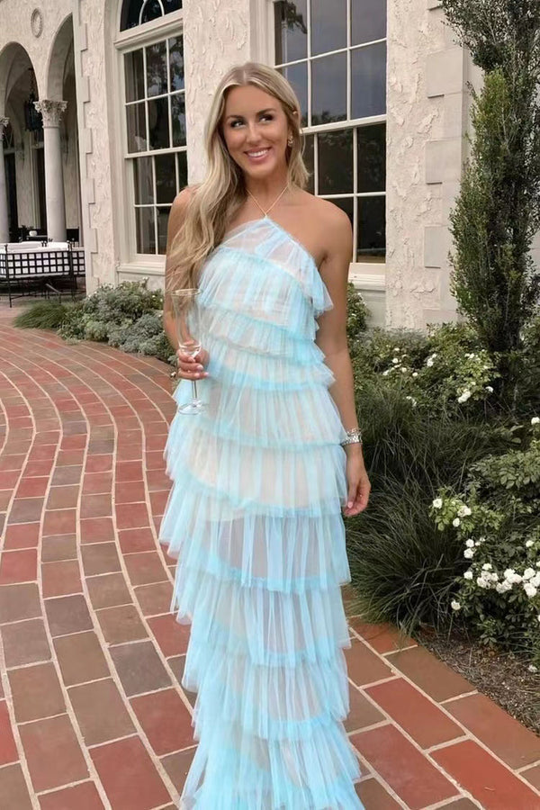 Beautiful Halter Ruffles Tulle Prom Dresses with Slit, Long Evening Party Dress INDP10