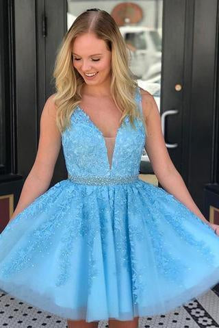 Blue Appliques Beaded Sleeveless A Line Tulle Short Homecoming Dresses INO78
