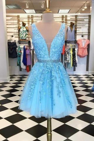 Blue Appliques Beaded Sleeveless A Line Tulle Short Homecoming Dresses INO78