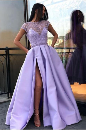Light Purple A Line Satin Slit Cap Sleeves Prom Dresses With Pockets INE52
