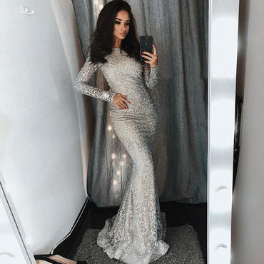 Mermaid Bateau Sliver Lace Long Sleeves Evening Prom Dress with Sequins INF33