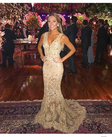 Elegant Mermaid Lace Appliques Long V Neck Prom Dress INE13