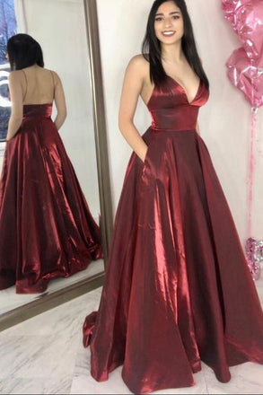 Simple A-Line Spaghetti Straps Floor-Length Burgundy Prom Dress with Pockets INN22