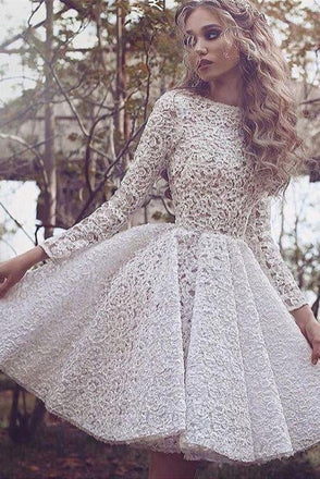 Chic Lace Scoop Long Sleeve Ivory Short Homecoming Dress Prom Party Dress INE2