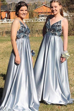 A-Line Spaghetti Straps Backless Blue Popular Prom Dress with Beading,Bridesmaid Dresses INH53