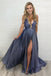 Deep V Neck Sparkly Long Sexy Prom Dress With Slit Spaghetti Straps Formal Dresses INS9