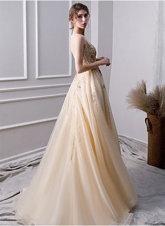 A Line Long Prom Dresses With Beading Formal Evening Gown INL30