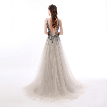 Sexy A Line Sequin Tulle Long V Neck Backless Formal Prom Dresses INC1