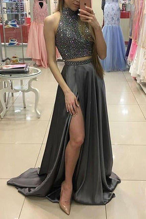 Sexy Two Pieces Beading Gray High Slit Chiffon High Neck Prom Dress stunning IN102