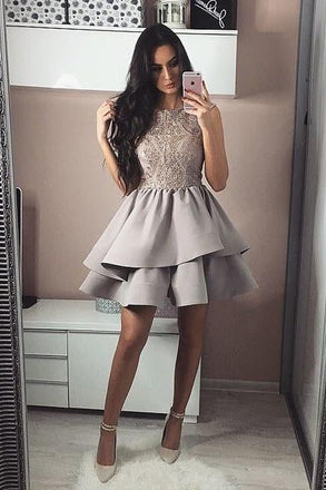 Bateau A Line Tiered Grey Satin Short Homecoming Party Dress with Lace INB40