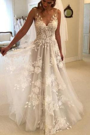 Elegant A-line V-neck Tulle Floor Length Wedding Dresses With Lace Appliques INC94