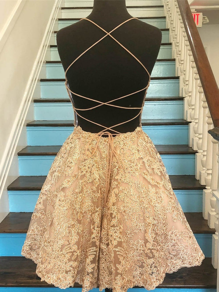 Spaghetti Straps Criss Cross Back A Line Lace Homecoming Dresses INO76