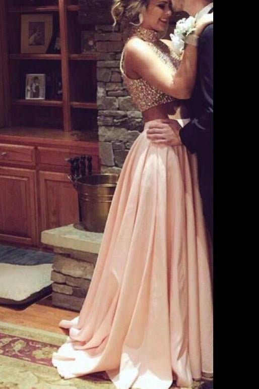 High Neck Two Piece Pink Taffeta Long  Beading Sexy Prom Dresses,2 Pieces Split Evening Dress IN158