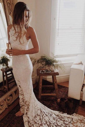 Romantic Boho Beach Wedding Dresses,Lace Mermaid Princess Backless Wedding Gowns IN167