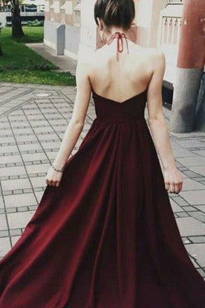 Sexy Halter Dark Burgundy Long Sleeveless Prom Dresses with Appliques IN733