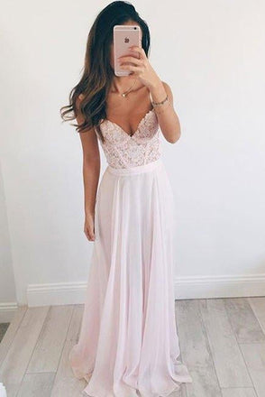 Chiffon A-Line Long Evening Dress, Lace Top Charming Prom Dresses INE24
