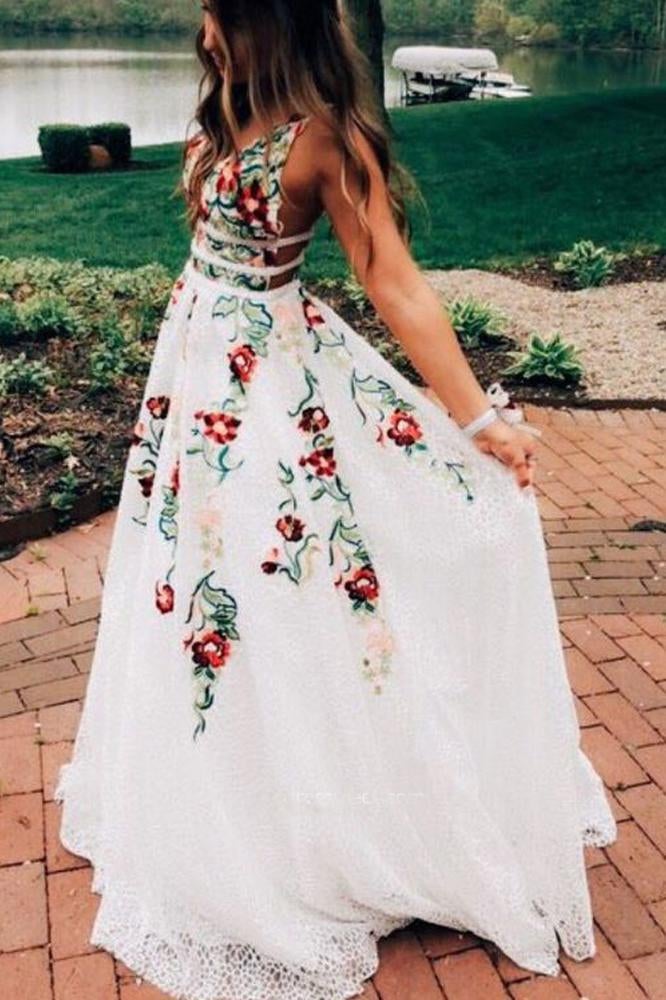 A Line V Neck Flower Appliques Prom Dresses, Long Evening Dresses ING76