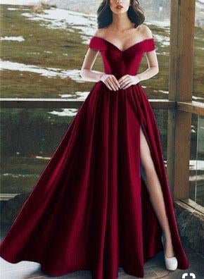 Elegant V-neck Off The Shoulder Long Satin Prom Dresses With Slit INE43