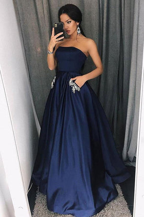 Simple A-Line Strapless Floor-Length Dark Blue Prom Dress with Pockets Beading INI98