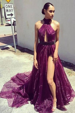 Elegant Purple A Line Long Front Slit Formal Prom Dress IN780